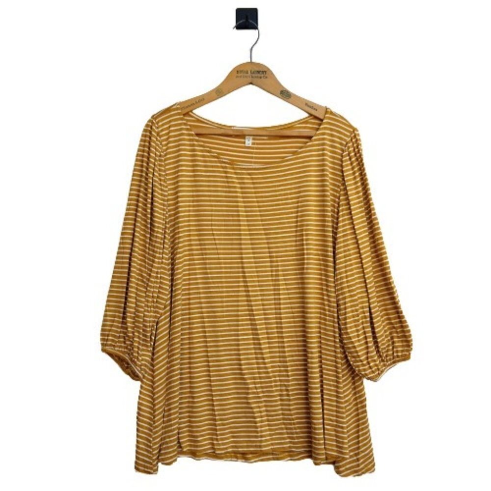 Paisley Raye "Violet" Yellow Stripe Print Top Plus Size 1X NWT USA 3/4 Sleeve